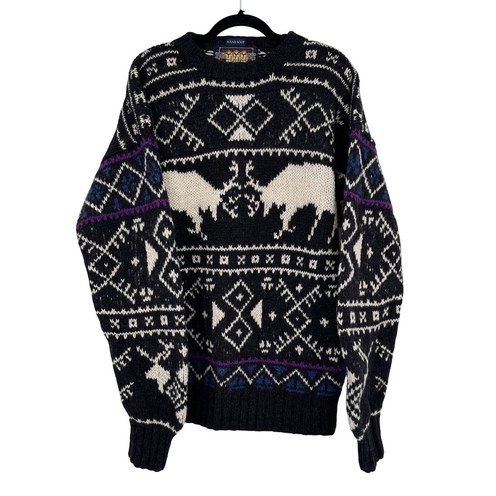 Vintage Chaps Ralph Lauren Hand Knit Wool Sweater Mens L Black Fair Isle Moose